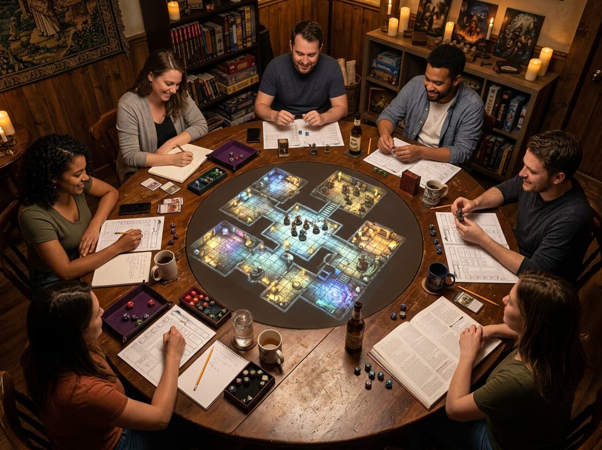 Sessione dal vivo di Dungeons & Dragons con mappa proiettata sul tavolo